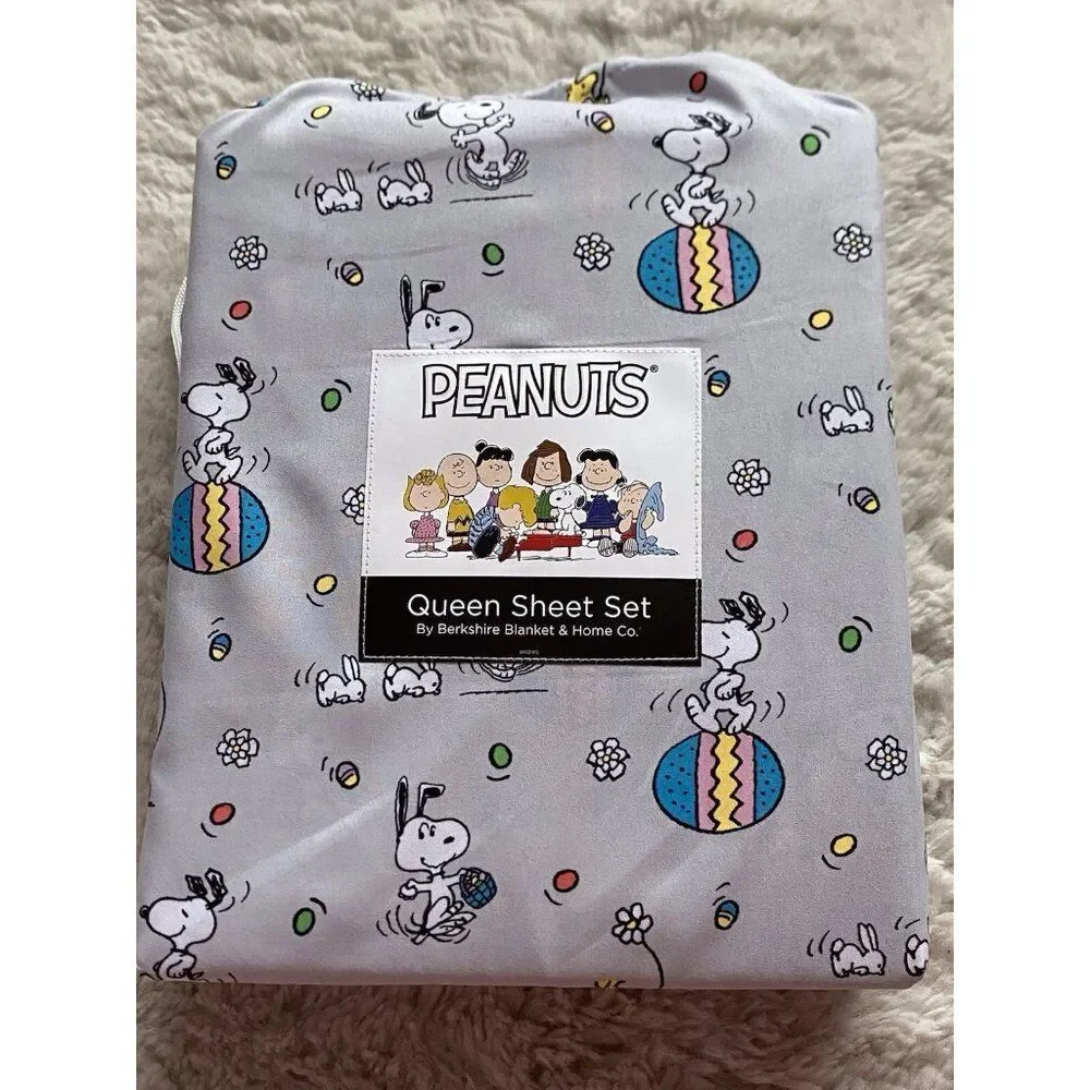Peanuts Snoopy Easter Egg Bunny Floral QUEEN‎ Sz Sheet Set Soft Grey NEW